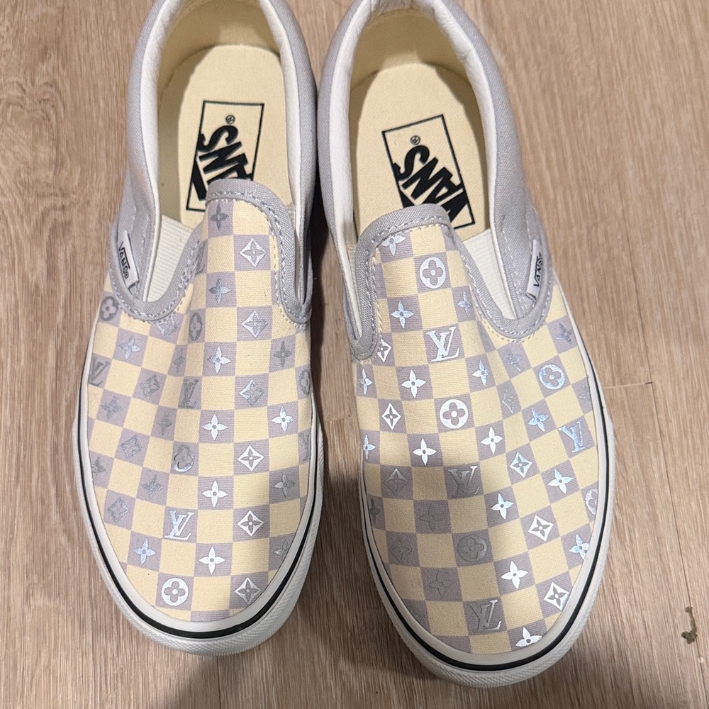 Vans Beige and Gray Patterned Slip-Ons. customized